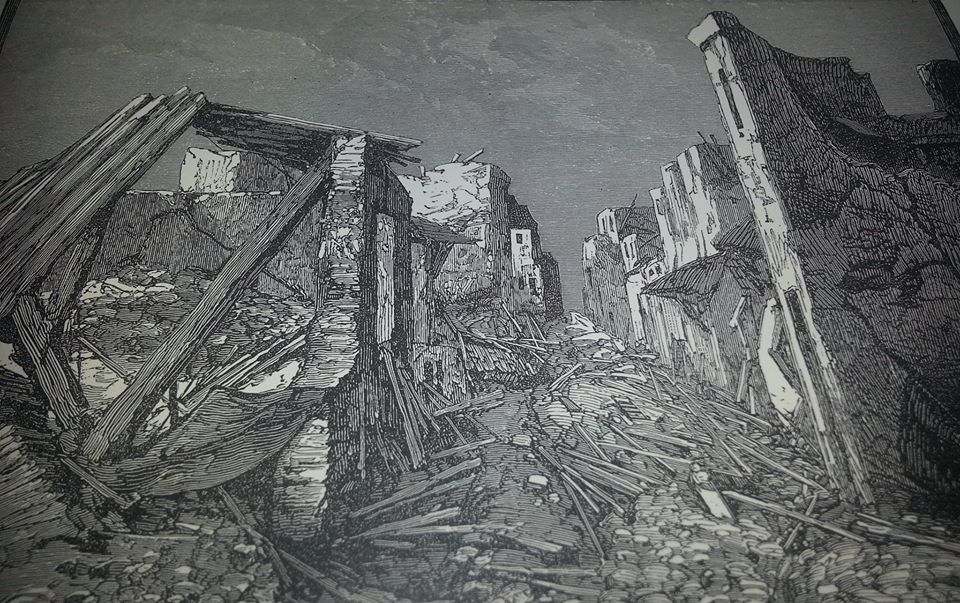 Η Απλωταριά μετά το σεισμό. Ξυλογραφία από το αγγλικό περιοδικό "The Illustrated London News" 30/04/1881