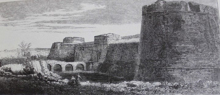 Ξυλογραφία της Δυτική Πύλη ή Επάνω Πορτέλο, 1881 – Διακρίνεται η ξύλινη κινητή γέφυρα