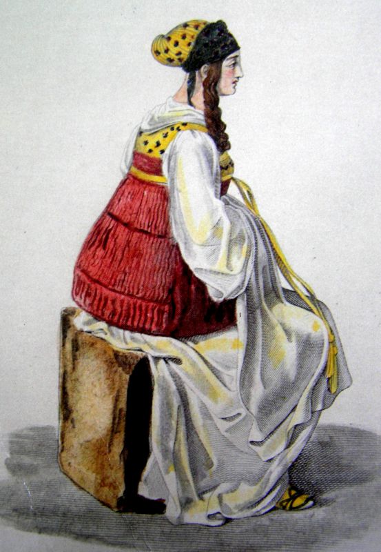 Αστή της εποχής (1811) σε λιθογραφία του O. Stackelberg. Με το τσεμπέρι της, το μπολερό, την ατλάζινη μπροστέλα, τη μακριά πτυχωμένη φούστα της. Με τη σιγουριά που της έδινε η τάξη της, η ισχύς του κύρη ή του άντρα της.